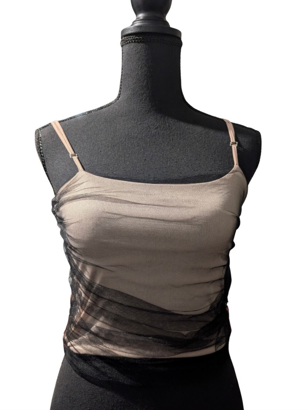 SO Black Cream Mesh Ruched Camisole Tank Top Sz 12 Y2K Coquette - Picture 1 of 9